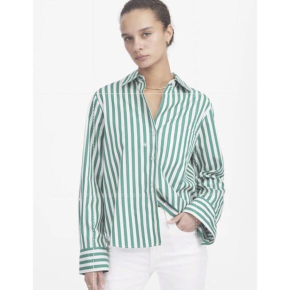 Madewell Poplin Easy Y-Neck Button-Up Shirt WMNS M Green White Striped NU737 LS - Picture 1 of 9